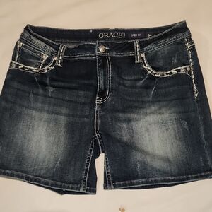 Grace | Dark Wash Denim Shorts |  White Embroidered Stitching